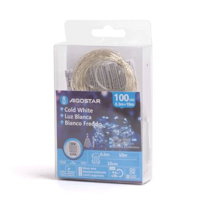 Aigostar - LED utomhus ljusslinga 100xLED/8 funktioner/3xAA 10,3m IP44 kallvit