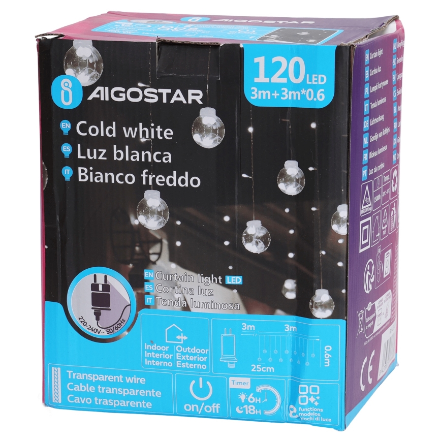Aigostar - LED utomhus julbelysning 120xLED/8 funktioner 3x0,6m IP44 kallvit + fjärrkontroll