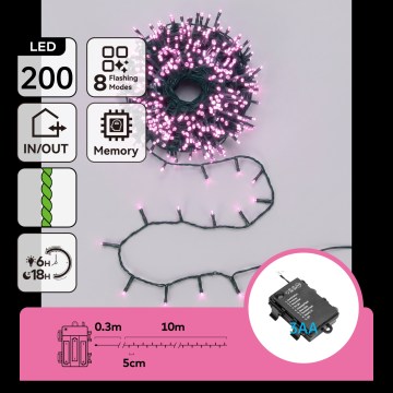 Aigostar - LED utomhusljusslinga för jul 200xLED/8 funktioner 3xAA 10,3m IP44 rosa