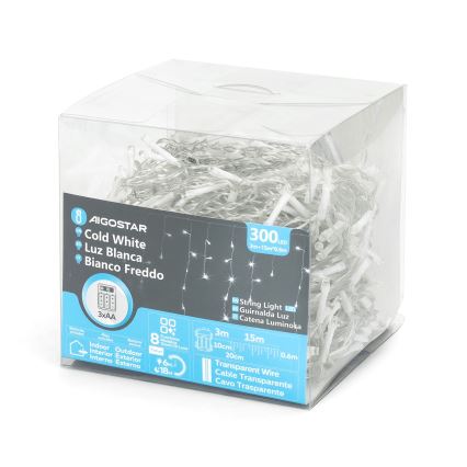 Aigostar - LED utomhus julslinga 300 LED/8 funktioner 3xAA 18x0,6 m IP44 kallvit