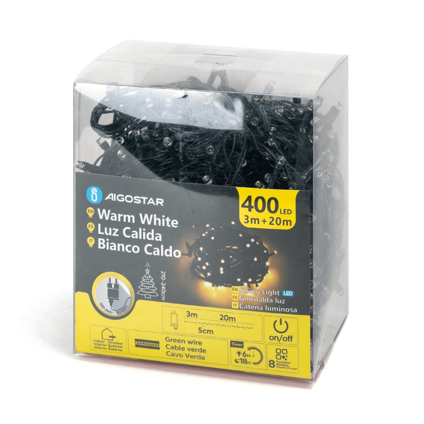 Aigostar - LED utomhusljusslinga för jul, 400 LED, 8 funktioner, 23 m, IP44, varmvit