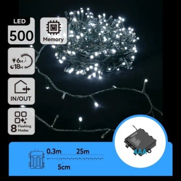 Aigostar - LED utomhusljusslinga för jul 500 LED/8 funktioner 4xAA 25,3 m IP44 kallvit