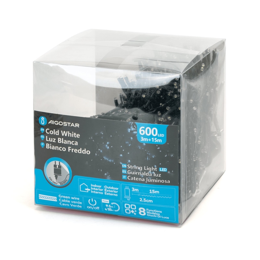 Aigostar - LED utomhusljusslinga för jul, 600 LED / 8 funktioner, 18 m, IP44, kallvit