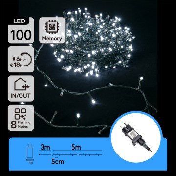 Aigostar - LED-utomhusslinga 100 LED / 8 funktioner, 8 m, IP44, kallvit