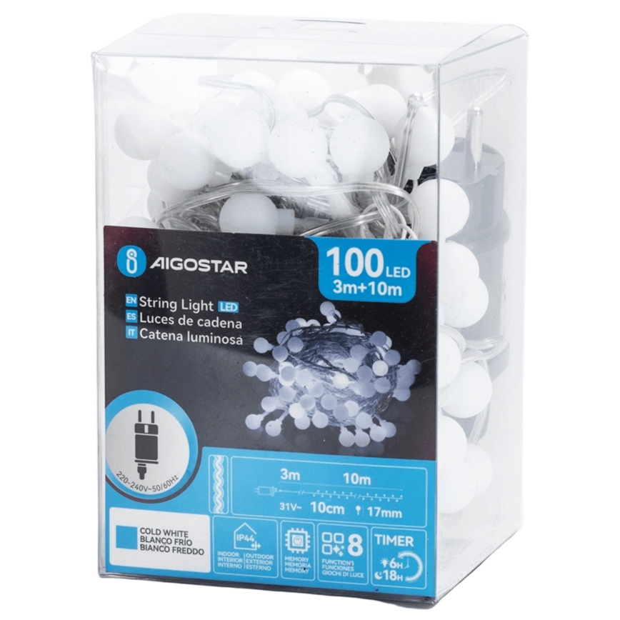 Aigostar - LED-ljusslinga för utomhusbruk, dekorativ, 100xLED/8 funktioner, 10 m, IP44, kallvit