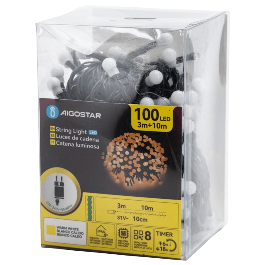 Aigostar - LED-dekorationsslinga för utomhusbruk, 100 LED, 8 funktioner, 10 m, IP44, varmvit