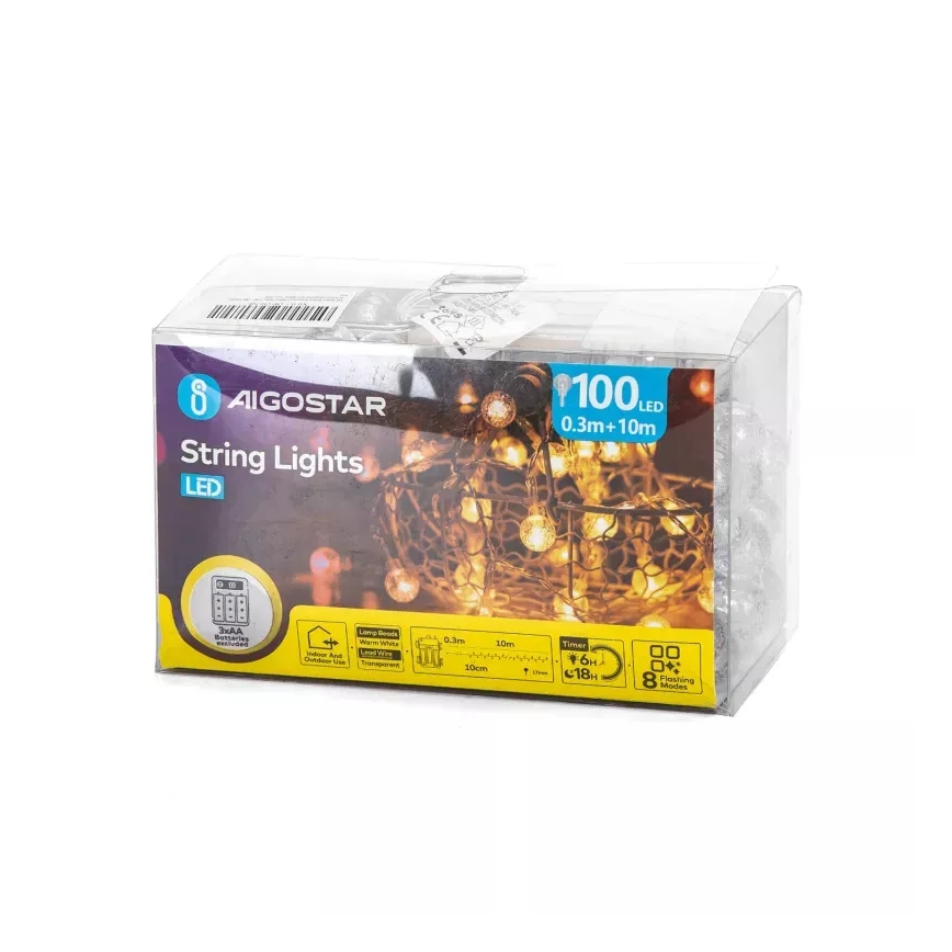 Aigostar - LED utomhus julljusslinga 100xLED/3xAA/8 funktioner 10,3 m IP44 varmvit