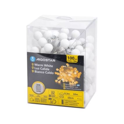 Aigostar - LED-utomhusslinga 100xLED/3xAA/8 funktioner 10,3 m IP44 varmvit