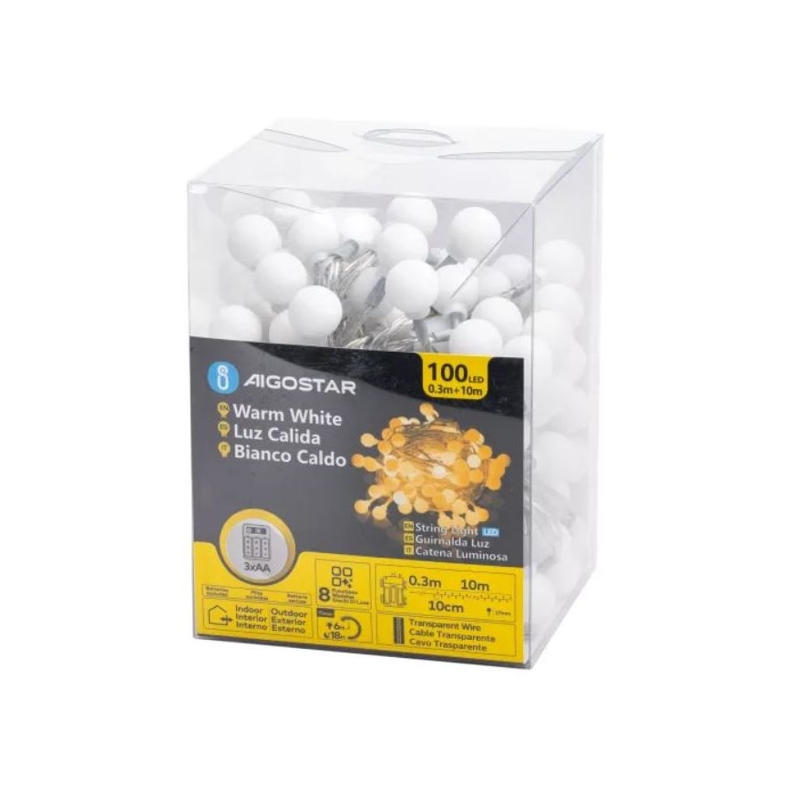 Aigostar - LED-utomhusslinga 100xLED/3xAA/8 funktioner 10,3 m IP44 varmvit