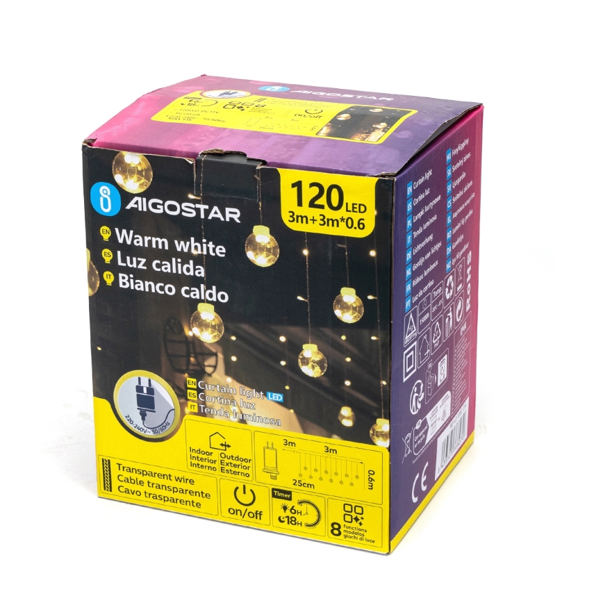 Aigostar - LED utomhus julbelysning 120xLED/8 funktioner 3x0,6m IP44 varmvit + fjärrkontroll