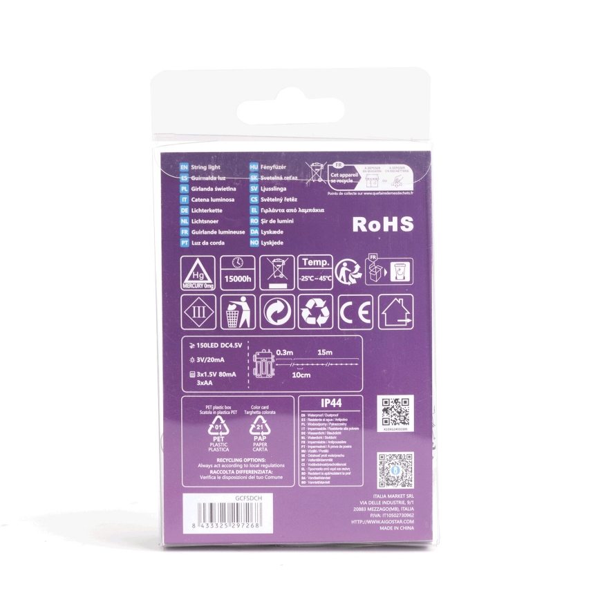 Aigostar - LED-utomhusslinga 150xLED/8 lägen/3xAA 15,3 m IP44 kallvit