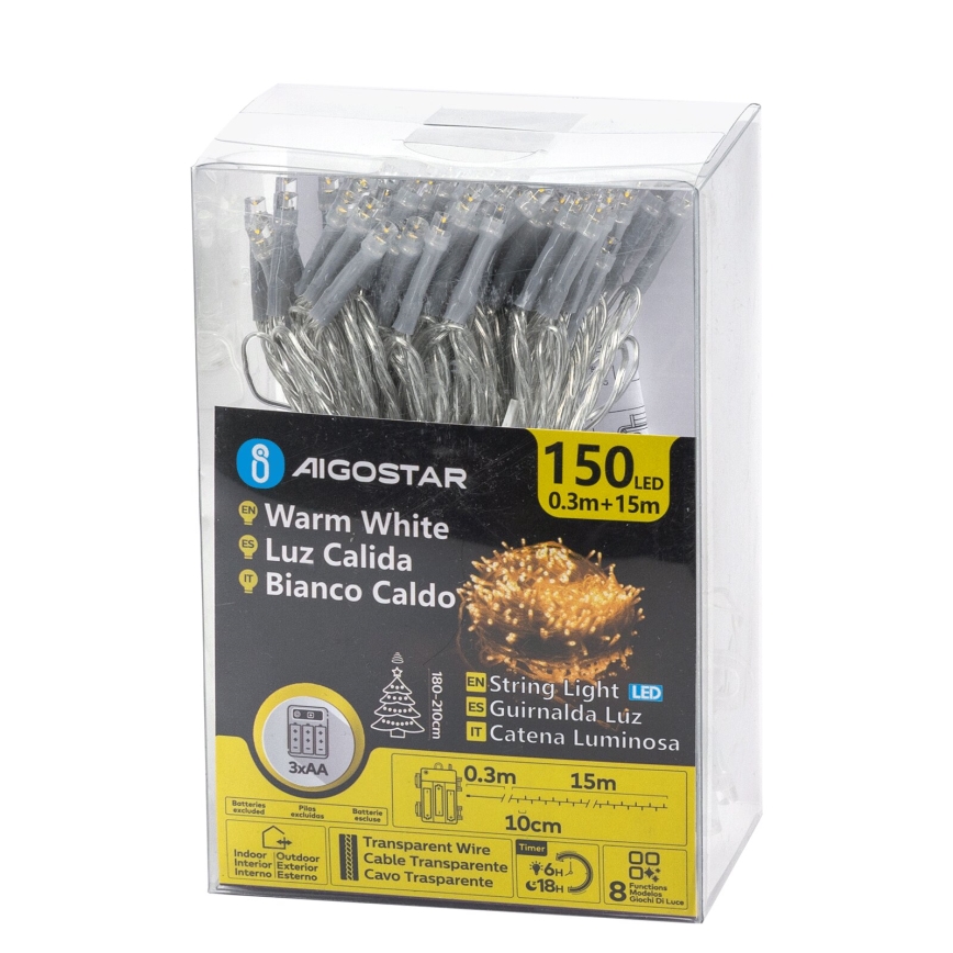 Aigostar - LED utomhusslinga 150 LED/8 funktioner 3xAA 15,3 m IP44 varmvit