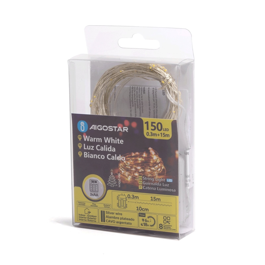 Aigostar -LED utomhusslinga 150xLED/8 funktioner 3xAA 15,3m IP44 varmvit