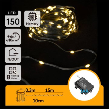 Aigostar -LED utomhusslinga 150xLED/8 funktioner 3xAA 15,3m IP44 varmvit