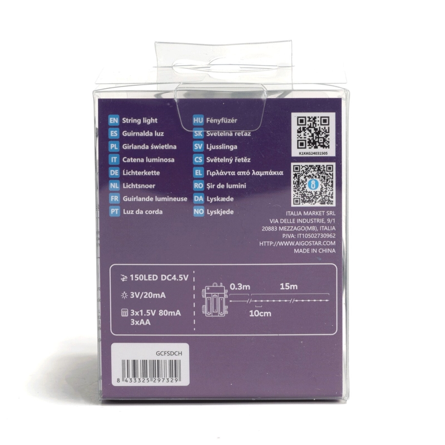 Aigostar -LED utomhusslinga 150xLED/8 funktioner 3xAA 15,3m IP44 varmvit