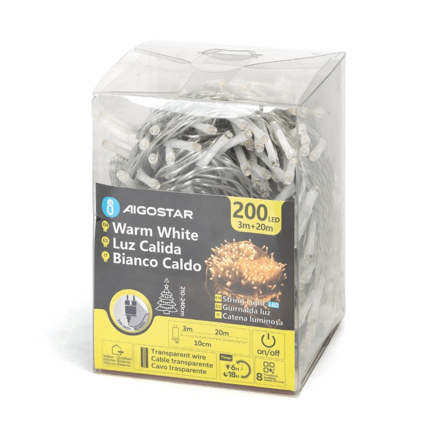 Aigostar - LED-utomhusslinga 200 LED, 8 funktioner, 23 m, IP44, varmvit