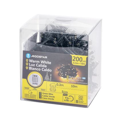 Aigostar - LED-ljusslinga för utomhusbruk 200 LED/8 funktioner 3xAA 10,3 m IP44 varmvit