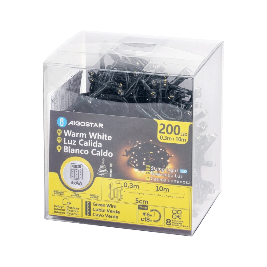 Aigostar - LED-ljusslinga för utomhusbruk 200 LED/8 funktioner 3xAA 10,3 m IP44 varmvit