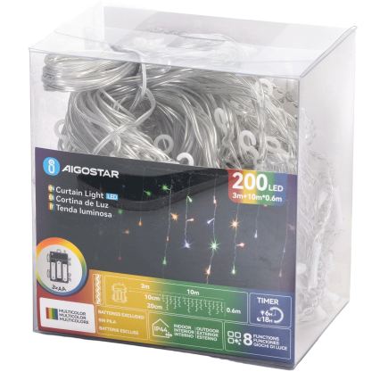 Aigostar - LED utomhus julslinga 200xLED/8 funktioner 3xAA 13x0,6 m IP44 flerfärgad