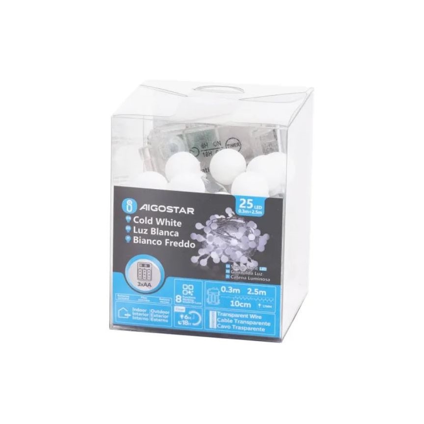 Aigostar - LED utomhusslinga för jul 25xLED/3xAA/8 funktioner 2,8 m IP44 kallvit