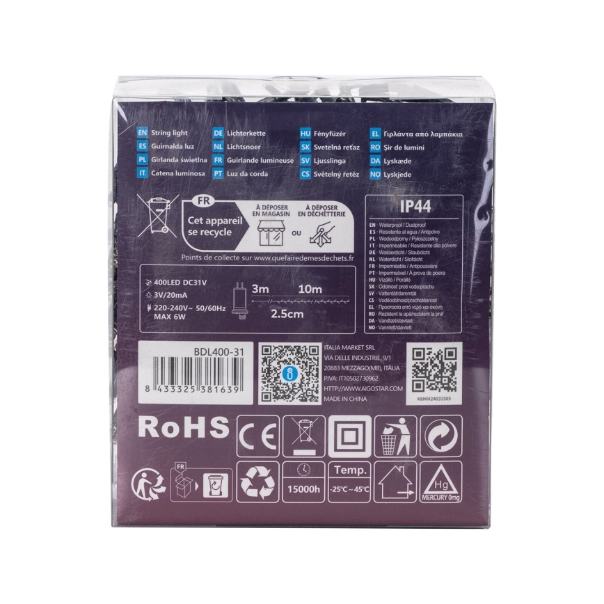 Aigostar - LED utomhusslinga 400xLED/8 funktioner 13m IP44 kallvit