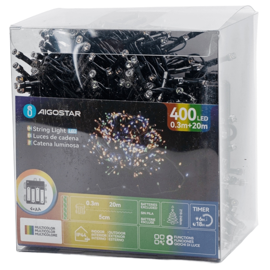 Aigostar - LED utomhusslinga, 400 LED, 8 ljuslägen, 4xAA, 20,3 m, IP44, flerfärgad