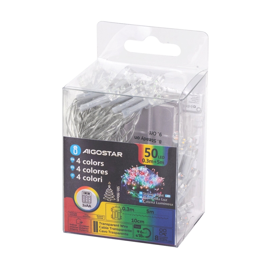 Aigostar - LED utomhusslinga 50 LED / 8 funktioner, 3xAA, 5,3 m, IP44, flerfärgad
