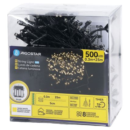 Aigostar - LED utomhusslinga 500 LED/8 funktioner 4xAA 25,3 m IP44 varmvit