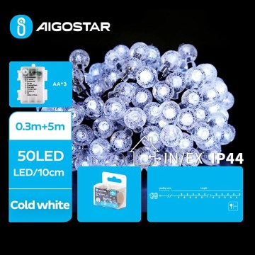 Aigostar - LED utomhusslinga 50xLED/3xAA/8 funktioner 5,3 m IP44 kallvit