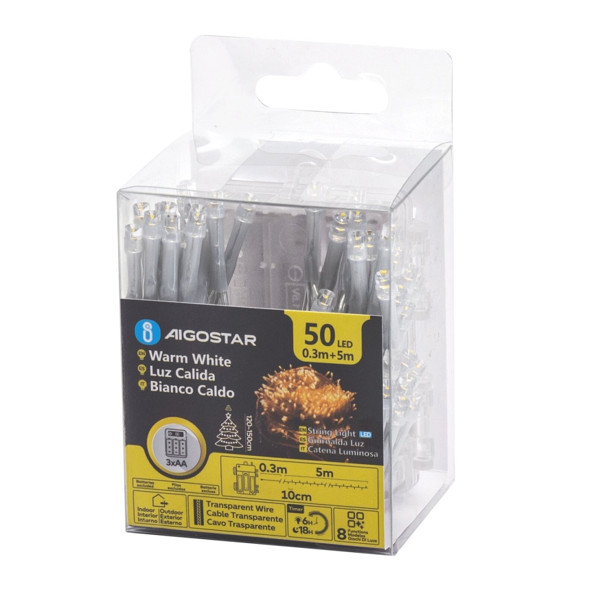 Aigostar - LED utomhusslinga 50xLED/8 funktioner 3xAA 5,3m IP44 varmvit