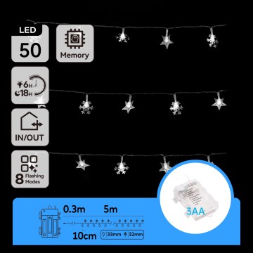 Aigostar - LED utomhusslinga 50xLED/8 funktioner 3xAA 5 m IP44 kallvit