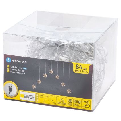 Aigostar - LED utomhusslinga 84 LED / 8 funktioner, 1,2 x 1 m, IP44, varmvit, snöflingor