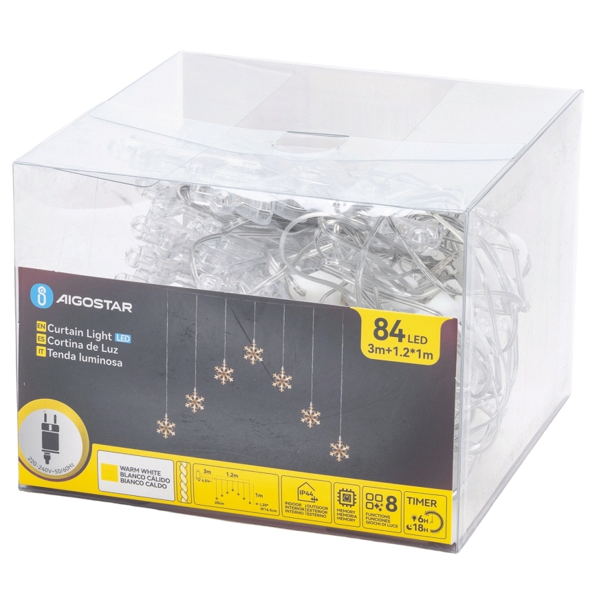 Aigostar - LED utomhusslinga 84 LED / 8 funktioner, 1,2 x 1 m, IP44, varmvit, snöflingor