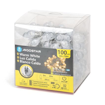 Aigostar - LED utomhusslinga för jul, 100 LED / 8 funktioner, 13 m, IP44, varmvit