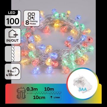 Aigostar - LED-utomhusslinga för jul 100 LED / 8 funktioner, 3x AA, 10,3 m, IP44, flerfärgad