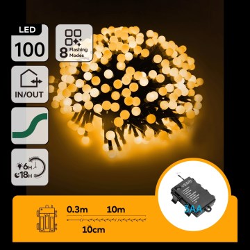 Aigostar - LED-utomhusslinga för jul, 100 LED / 8 funktioner, 3xAA, 10,3 m, IP44, varmvit