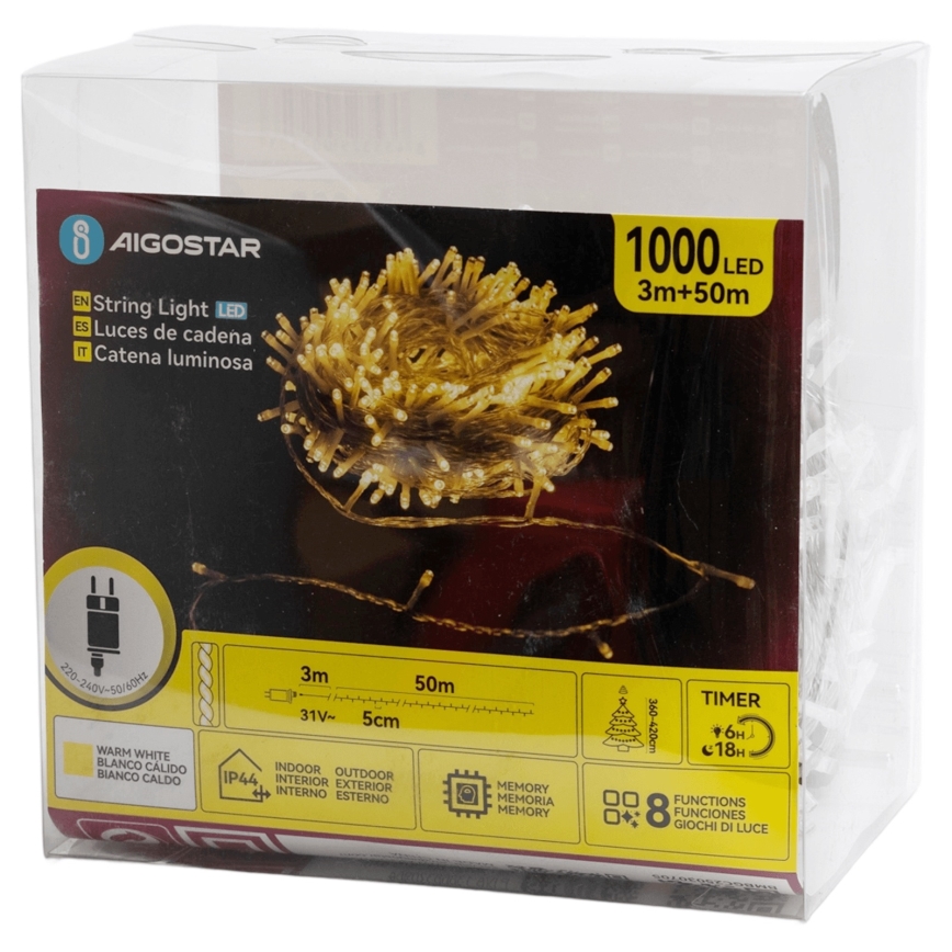 Aigostar - LED utomhus julbelysning, 1000 LED, 8 funktioner, 50 m, IP44, varmvit