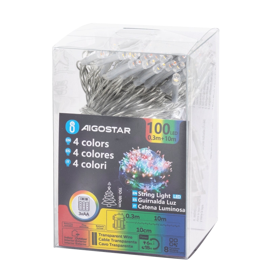 Aigostar - LED utomhus julslinga 100xLED/8 funktioner 3xAA 10,3m IP44 flerfärgad