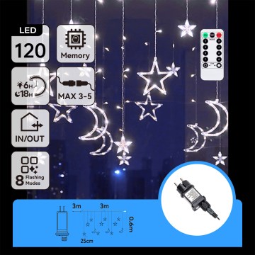 Aigostar - LED utomhusslinga för jul, 120 LED, 6 W, 230 V, 8 funktioner, 3x0,6 m, IP44, kallvit + fjärrkontroll