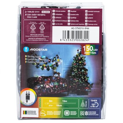 Aigostar - LED utomhusslinga för jul, 150 LED, 8 funktioner, 18 m, IP44, flerfärgad
