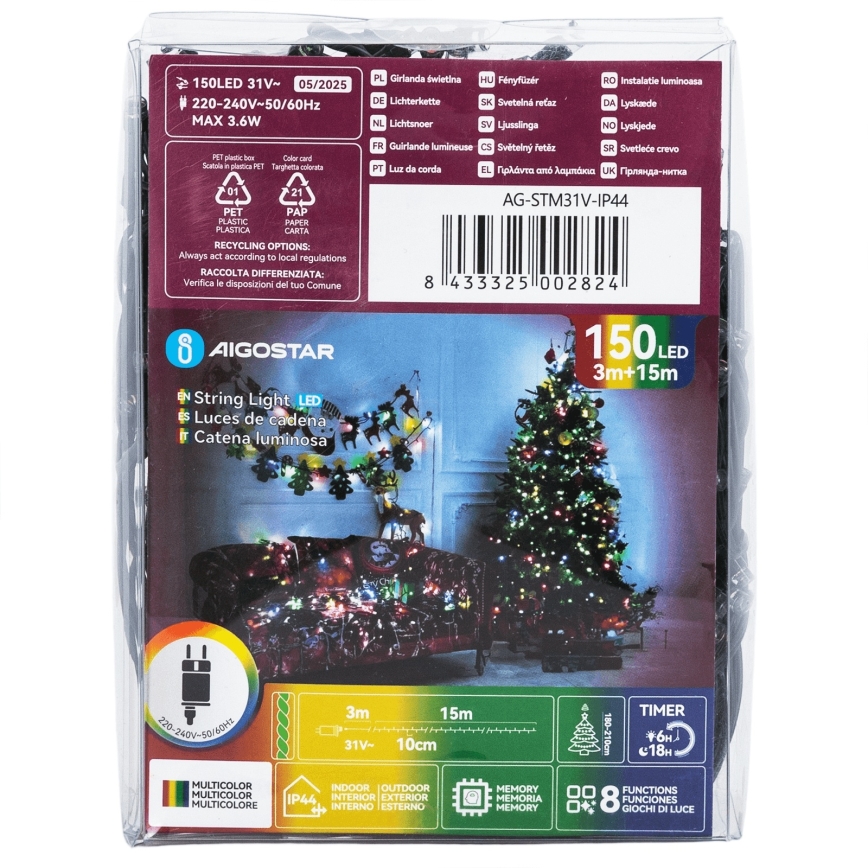 Aigostar - LED utomhusslinga för jul, 150 LED, 8 funktioner, 18 m, IP44, flerfärgad