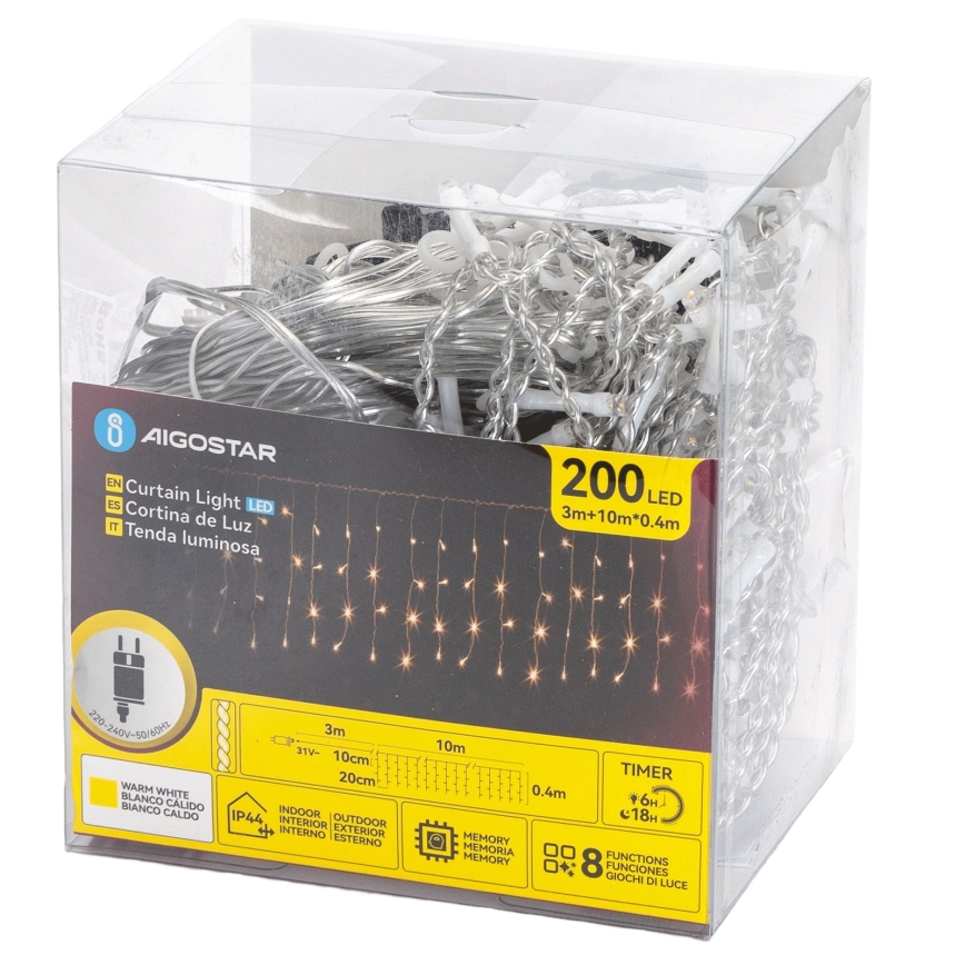 Aigostar - LED utomhusljusslinga 200xLED/8 funktioner 10x0,4m IP44 varmvit