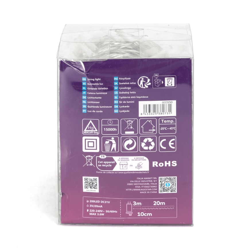 Aigostar - LED utomhusslinga för jul 200xLED/8 funktioner 23m IP44 varmvit