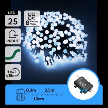 Aigostar - LED utomhusslinga för jul 25 LED/8 ljusprogram 3xAA 2,8m IP44 kallvit