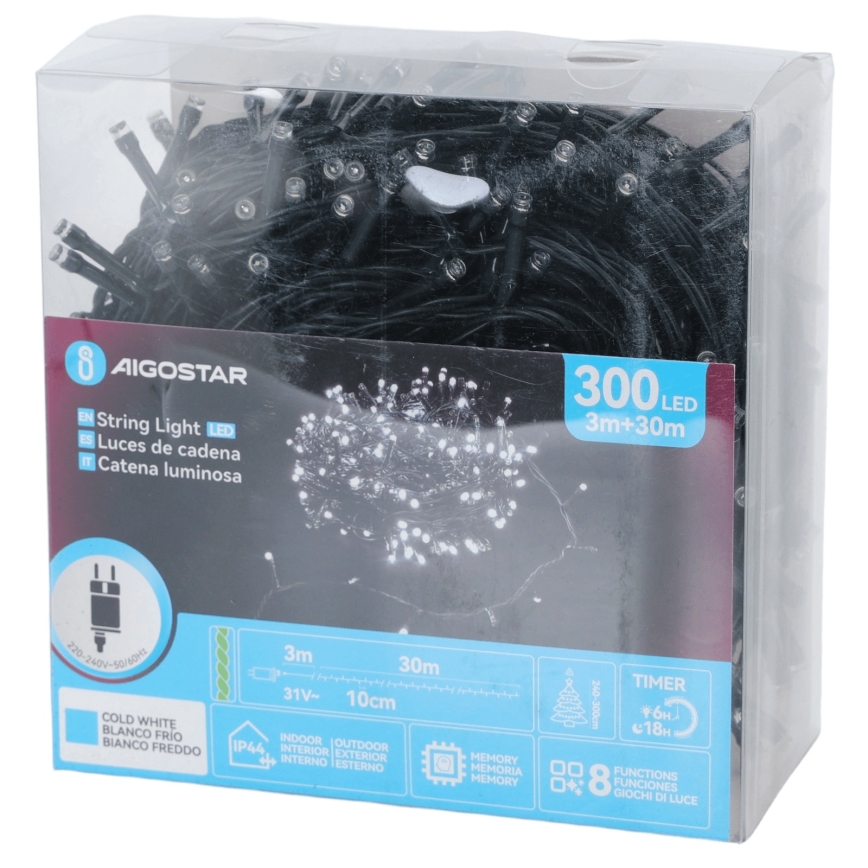 Aigostar - LED utomhusslinga för jul, 300 LED/8 funktioner, 30 m, IP44, kallvit