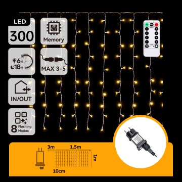 Aigostar - LED utomhusslinga för jul 300xLED/8 funktioner 3x1m IP44 varmvitt + fjärrkontroll