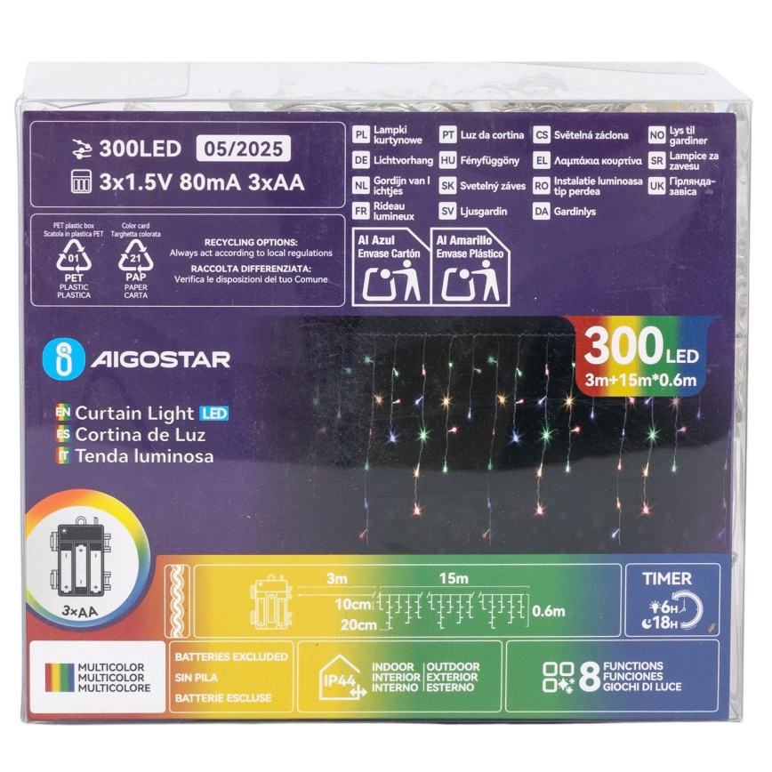 Aigostar - LED utomhus julslinga 300xLED/8 funktioner 3xAA 18x0,6 m IP44 multicolor