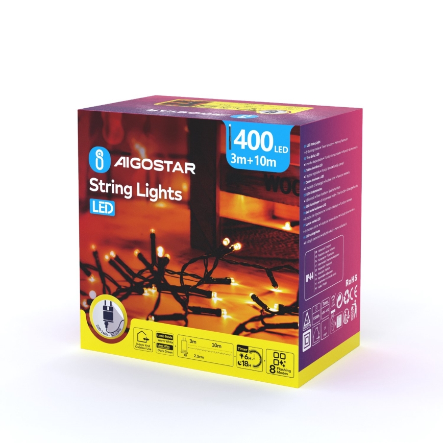 Aigostar - LED utomhusslinga för jul 400 LED/8 funktioner 13 m IP44 varmvit