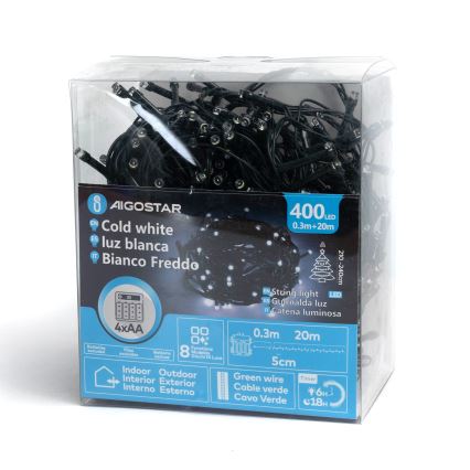 Aigostar - LED utomhus julslinga 400xLED/8 funktioner 4xAA 20,3 m IP44 kallvit