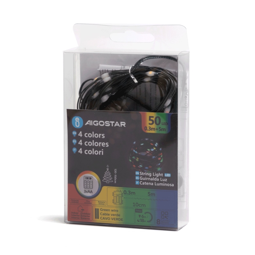 Aigostar - LED utomhusslinga för jul 50 LED / 8 funktioner, 3×AA, 5,3 m, IP44, flerfärgad